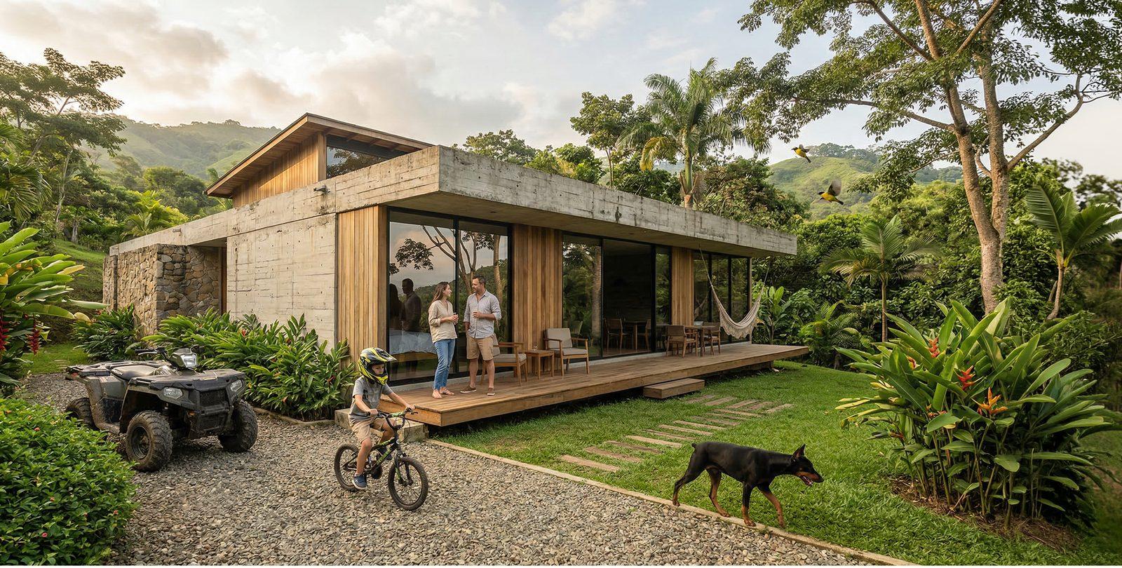 Casa con hamaca, vegetación y familia